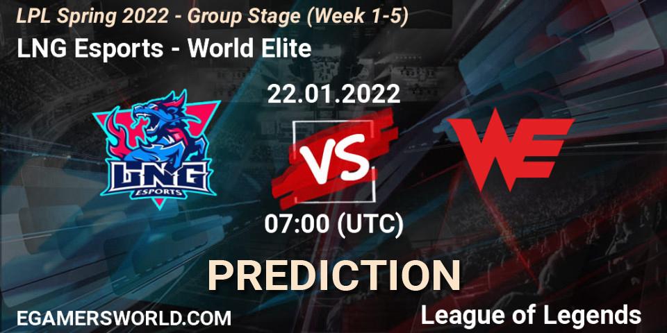 Prognose für das Spiel LNG Esports VS World Elite. 22.01.2022 at 07:00. LoL - LPL Spring 2022 - Group Stage (Week 1-5)
