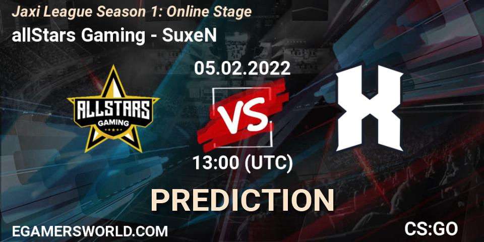 Prognose für das Spiel allStars Gaming VS SuxeN. 05.02.2022 at 13:00. Counter-Strike (CS2) - Jaxi League Season 1: Online Stage