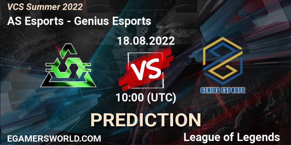 Prognose für das Spiel AS Esports VS Genius Esports. 18.08.2022 at 10:00. LoL - VCS Summer 2022