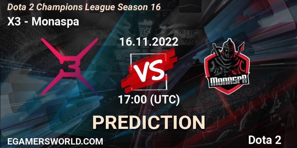 Prognose für das Spiel X3 VS Monaspa. 16.11.22. Dota 2 - Dota 2 Champions League Season 16