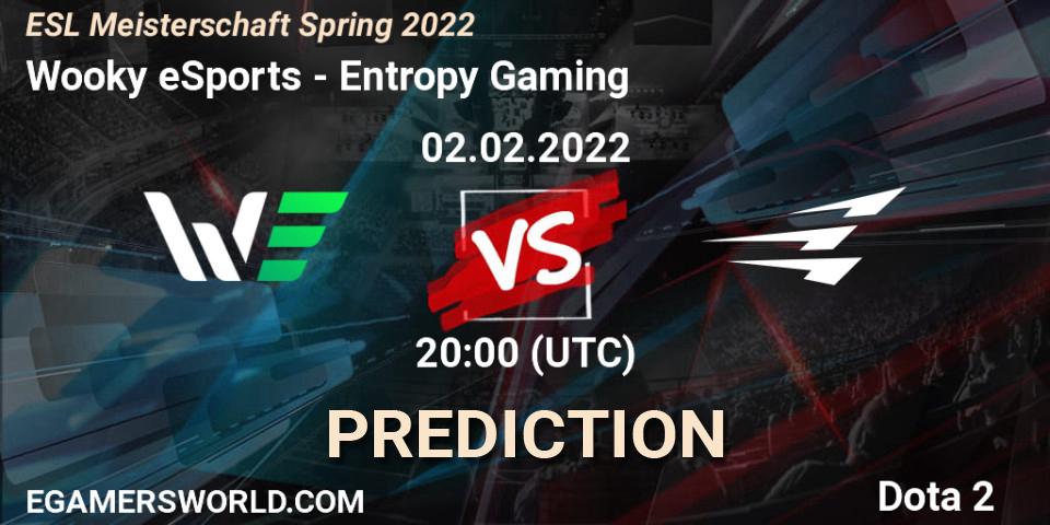 Prognose für das Spiel Wooky eSports VS Entropy Gaming. 02.02.2022 at 19:59. Dota 2 - ESL Meisterschaft Spring 2022