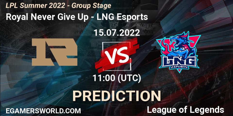 Prognose für das Spiel Royal Never Give Up VS LNG Esports. 15.07.22. LoL - LPL Summer 2022 - Group Stage