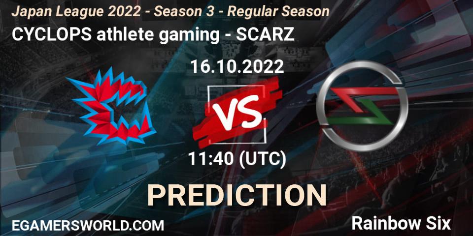 Prognose für das Spiel CYCLOPS athlete gaming VS SCARZ. 16.10.2022 at 11:40. Rainbow Six - Japan League 2022 - Season 3 - Regular Season