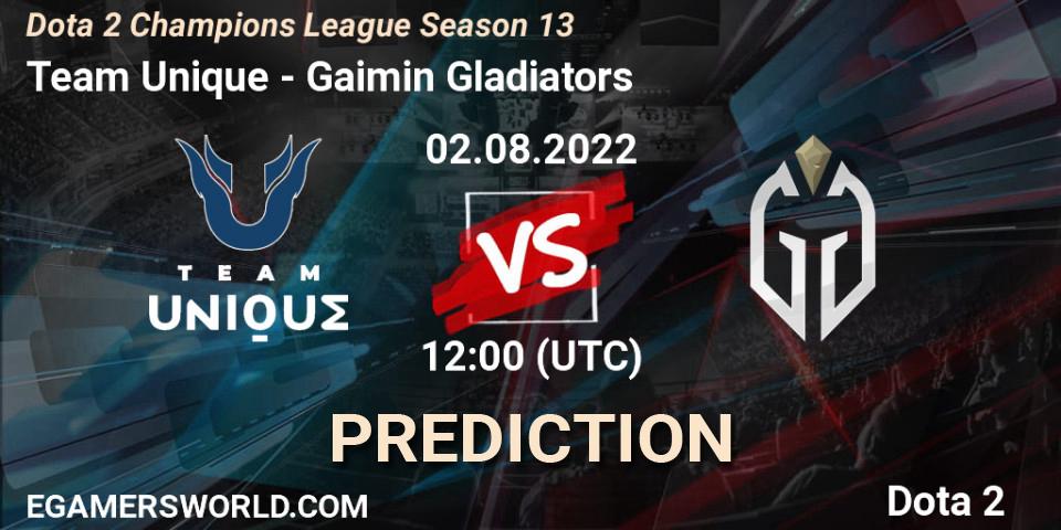 Prognose für das Spiel Team Unique VS Gaimin Gladiators. 02.08.22. Dota 2 - Dota 2 Champions League Season 13