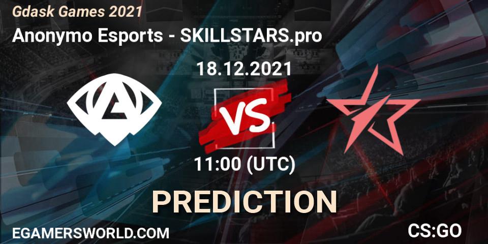 Prognose für das Spiel Anonymo Esports VS SKILLSTARS.pro. 18.12.2021 at 11:00. Counter-Strike (CS2) - Gdańsk Games 2021