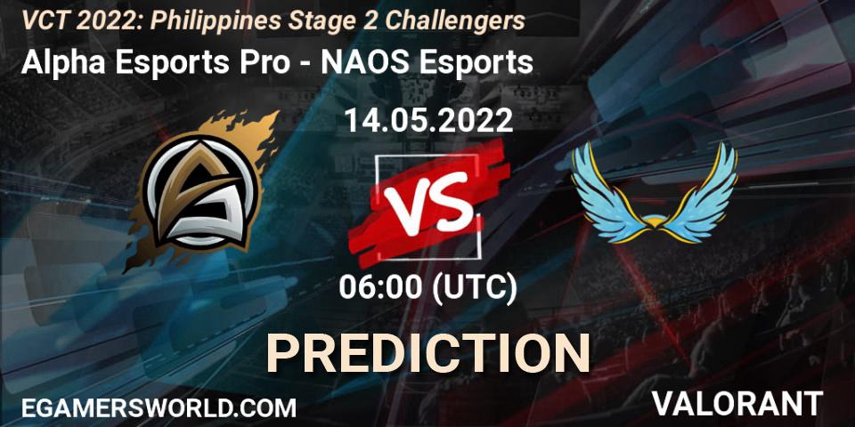 Prognose für das Spiel Alpha Esports Pro VS NAOS Esports. 14.05.2022 at 06:00. VALORANT - VCT 2022: Philippines Stage 2 Challengers