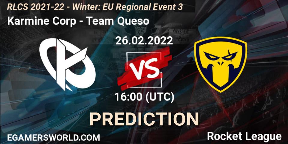 Prognose für das Spiel Karmine Corp VS Team Queso. 26.02.2022 at 16:00. Rocket League - RLCS 2021-22 - Winter: EU Regional Event 3