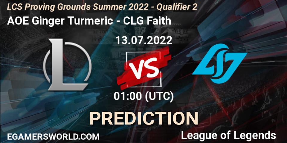 Prognose für das Spiel AOE Ginger Turmeric VS CLG Faith. 13.07.2022 at 00:00. LoL - LCS Proving Grounds Summer 2022 - Qualifier 2