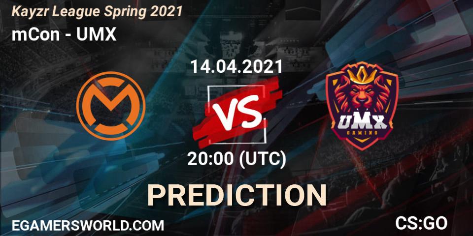 Prognose für das Spiel mCon VS UMX. 14.04.2021 at 20:00. Counter-Strike (CS2) - Kayzr League Spring 2021