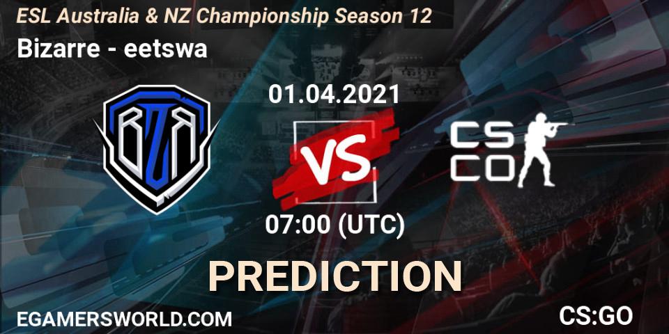 Prognose für das Spiel Bizarre VS eetswa. 01.04.2021 at 07:00. Counter-Strike (CS2) - ESL Australia & NZ Championship Season 12