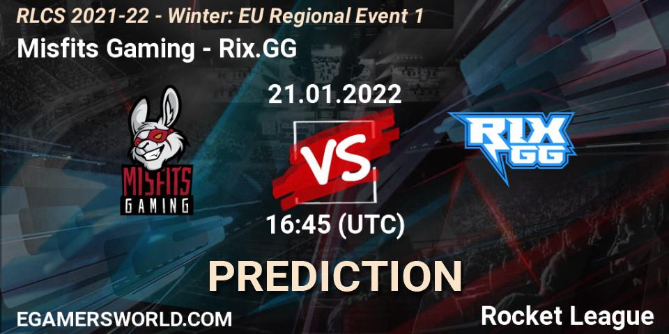 Prognose für das Spiel Misfits Gaming VS Rix.GG. 21.01.2022 at 16:45. Rocket League - RLCS 2021-22 - Winter: EU Regional Event 1