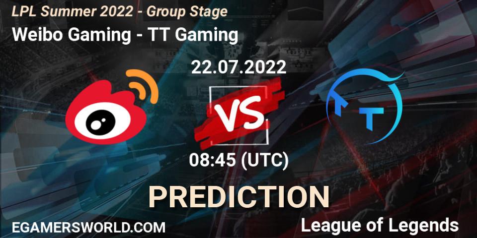 Prognose für das Spiel Weibo Gaming VS TT Gaming. 22.07.2022 at 09:00. LoL - LPL Summer 2022 - Group Stage