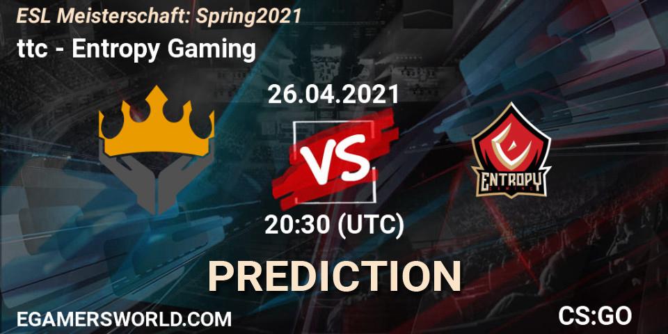 Prognose für das Spiel ttc VS Entropy Gaming. 26.04.2021 at 20:30. Counter-Strike (CS2) - ESL Meisterschaft: Spring 2021