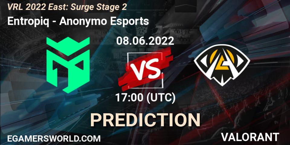 Prognose für das Spiel Entropiq VS Anonymo Esports. 08.06.2022 at 17:15. VALORANT - VRL 2022 East: Surge Stage 2