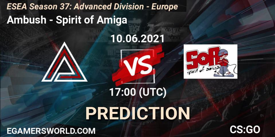 Prognose für das Spiel Ambush VS Spirit of Amiga. 10.06.2021 at 17:00. Counter-Strike (CS2) - ESEA Season 37: Advanced Division - Europe