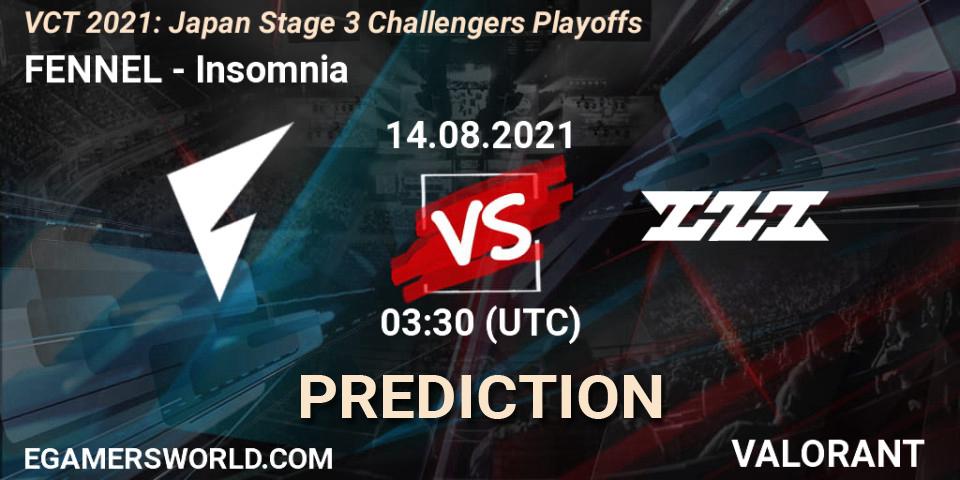 Prognose für das Spiel FENNEL VS Insomnia. 14.08.2021 at 03:30. VALORANT - VCT 2021: Japan Stage 3 Challengers Playoffs