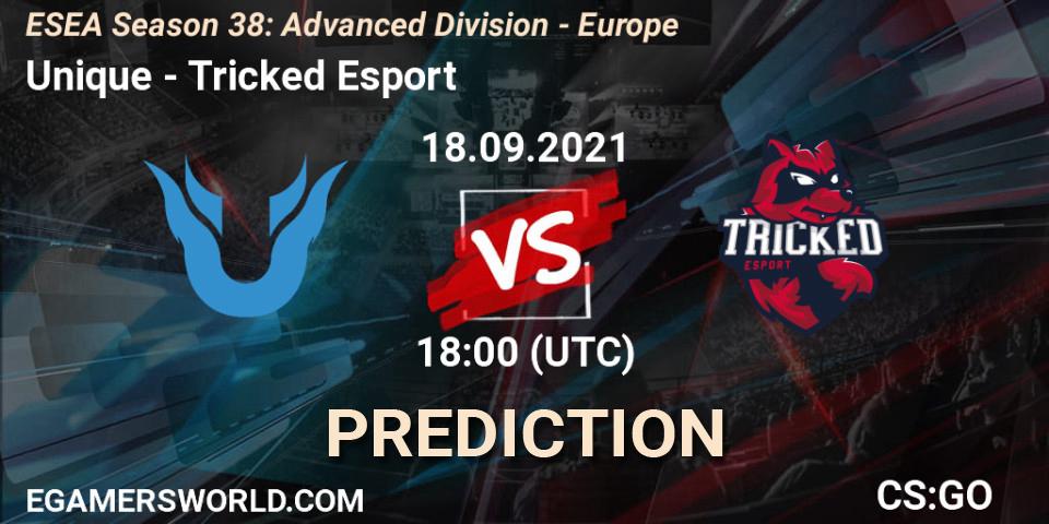Prognose für das Spiel Unique VS Tricked Esport. 18.09.2021 at 18:00. Counter-Strike (CS2) - ESEA Season 38: Advanced Division - Europe