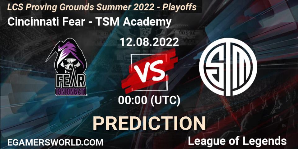Prognose für das Spiel Cincinnati Fear VS TSM Academy. 12.08.2022 at 00:00. LoL - LCS Proving Grounds Summer 2022 - Playoffs