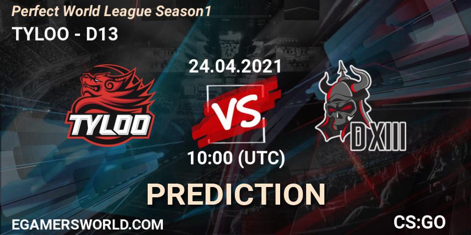 Prognose für das Spiel TYLOO VS D13. 24.04.2021 at 10:00. Counter-Strike (CS2) - Perfect World League Season 1