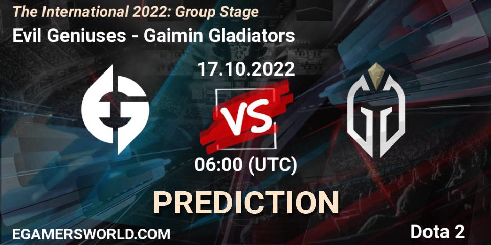 Prognose für das Spiel Evil Geniuses VS Gaimin Gladiators. 17.10.2022 at 07:29. Dota 2 - The International 2022: Group Stage