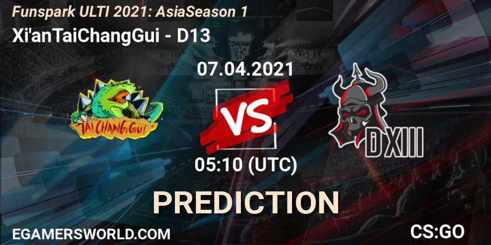 Prognose für das Spiel Xi'anTaiChangGui VS D13. 07.04.2021 at 08:45. Counter-Strike (CS2) - Funspark ULTI 2021: Asia Season 1