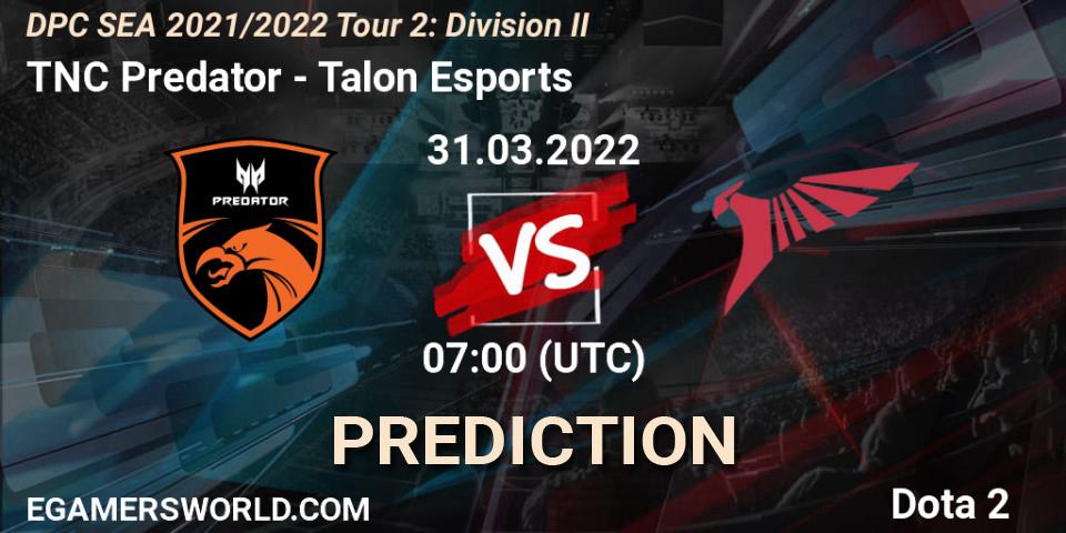 Prognose für das Spiel TNC Predator VS Talon Esports. 31.03.2022 at 07:02. Dota 2 - DPC 2021/2022 Tour 2: SEA Division II (Lower)