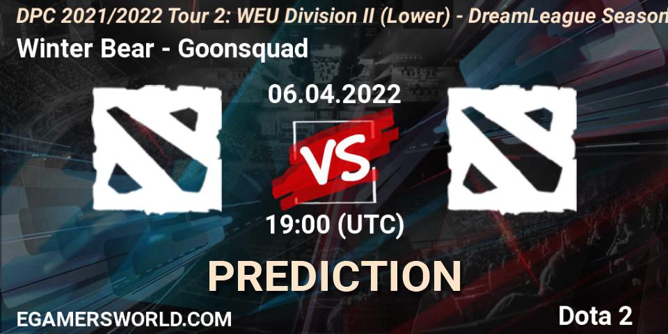 Prognose für das Spiel Winter Bear VS Goonsquad. 06.04.2022 at 19:05. Dota 2 - DPC 2021/2022 Tour 2: WEU Division II (Lower) - DreamLeague Season 17