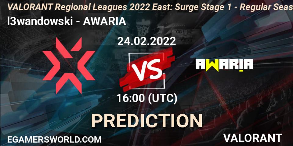 Prognose für das Spiel l3wandowski VS AWARIA. 24.02.2022 at 16:00. VALORANT - VALORANT Regional Leagues 2022 East: Surge Stage 1 - Regular Season