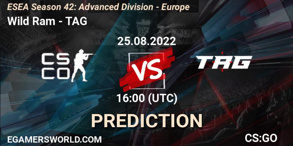 Prognose für das Spiel Wild Ram VS TAG. 25.08.2022 at 16:00. Counter-Strike (CS2) - ESEA Season 42: Advanced Division - Europe