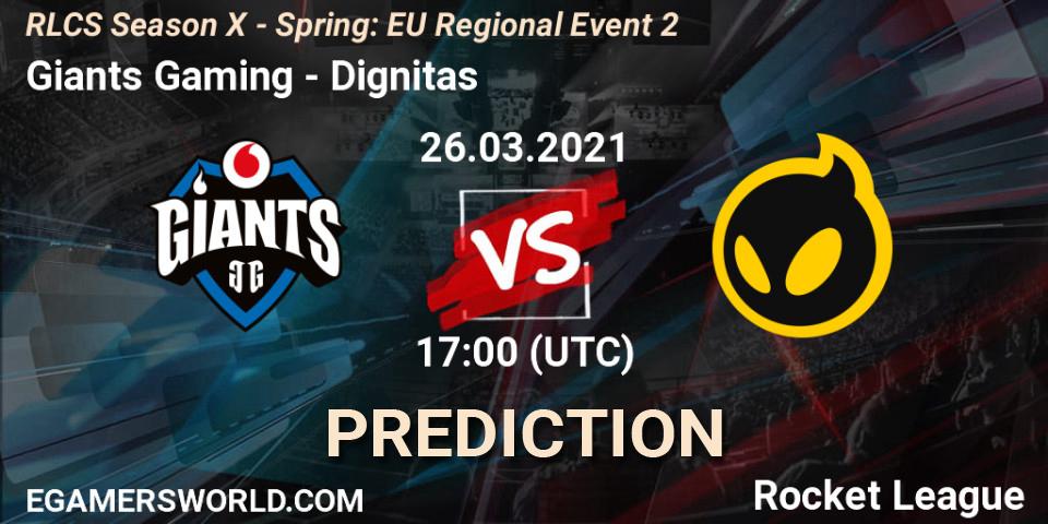 Prognose für das Spiel Giants Gaming VS Dignitas. 26.03.2021 at 17:00. Rocket League - RLCS Season X - Spring: EU Regional Event 2