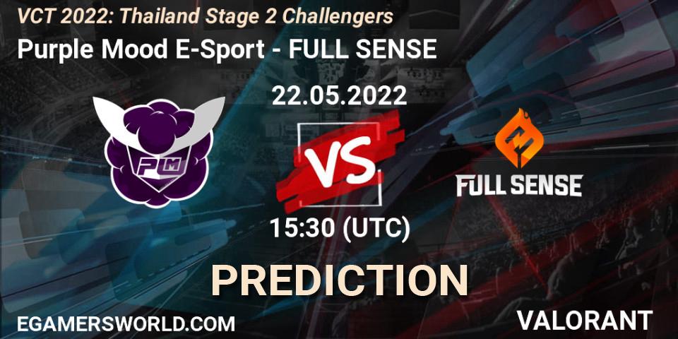 Prognose für das Spiel Purple Mood E-Sport VS FULL SENSE. 22.05.2022 at 15:30. VALORANT - VCT 2022: Thailand Stage 2 Challengers