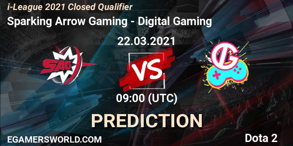 Prognose für das Spiel Sparking Arrow Gaming VS Digital Gaming. 22.03.2021 at 09:11. Dota 2 - i-League 2021 Closed Qualifier