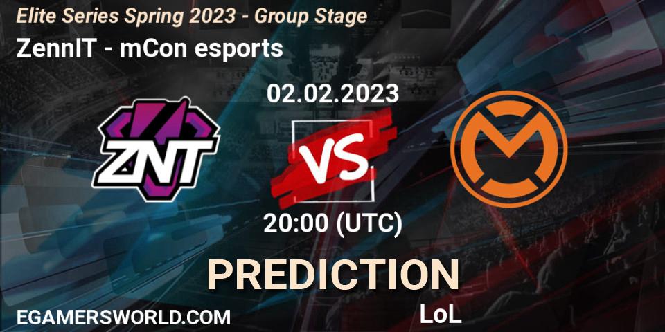 Prognose für das Spiel ZennIT VS mCon esports. 02.02.2023 at 20:00. LoL - Elite Series Spring 2023 - Group Stage