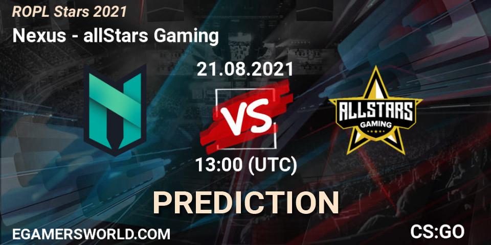 Prognose für das Spiel Nexus VS allStars Gaming. 21.08.2021 at 16:45. Counter-Strike (CS2) - ROPL Stars 2021