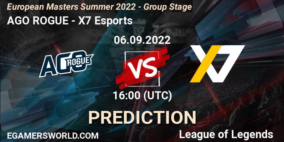 Prognose für das Spiel AGO ROGUE VS X7 Esports. 06.09.2022 at 16:00. LoL - European Masters Summer 2022 - Group Stage