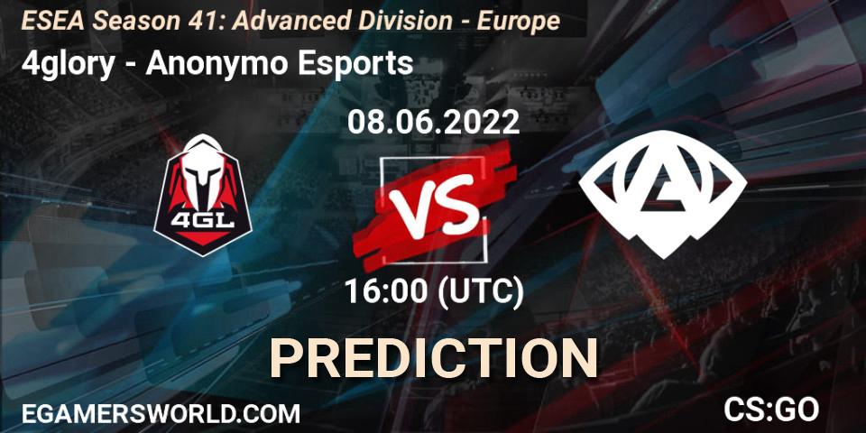Prognose für das Spiel 4glory VS Anonymo Esports. 08.06.2022 at 16:00. Counter-Strike (CS2) - ESEA Season 41: Advanced Division - Europe