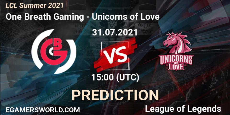 Prognose für das Spiel One Breath Gaming VS Unicorns of Love. 31.07.2021 at 15:00. LoL - LCL Summer 2021