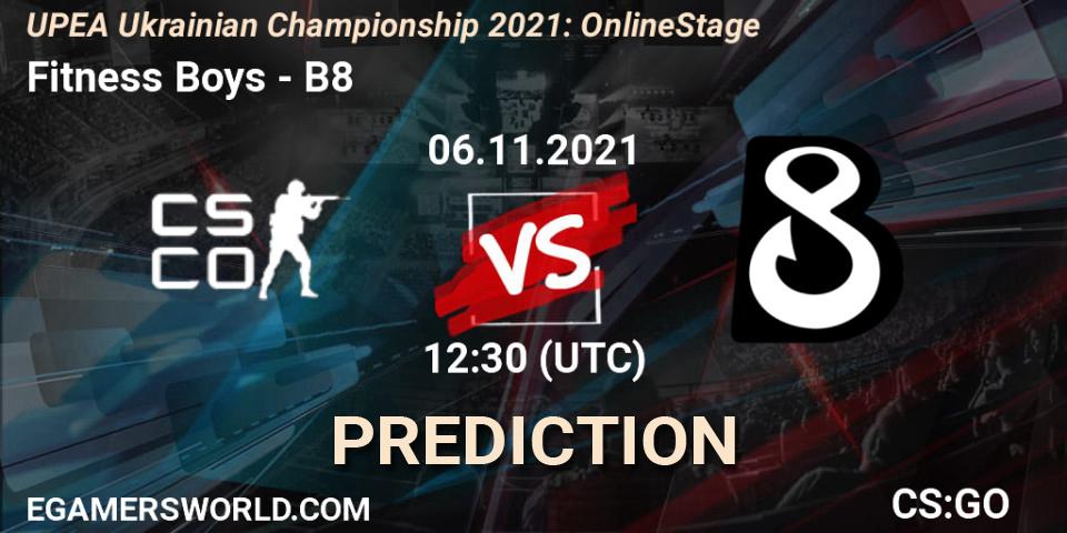 Prognose für das Spiel Fitness Boys VS B8. 06.11.2021 at 12:30. Counter-Strike (CS2) - UPEA Ukrainian Championship 2021: Online Stage