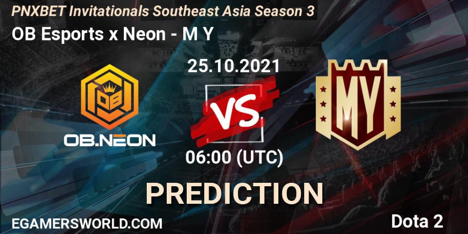 Prognose für das Spiel OB Esports x Neon VS M Y. 26.10.2021 at 06:10. Dota 2 - PNXBET Invitationals Southeast Asia Season 3
