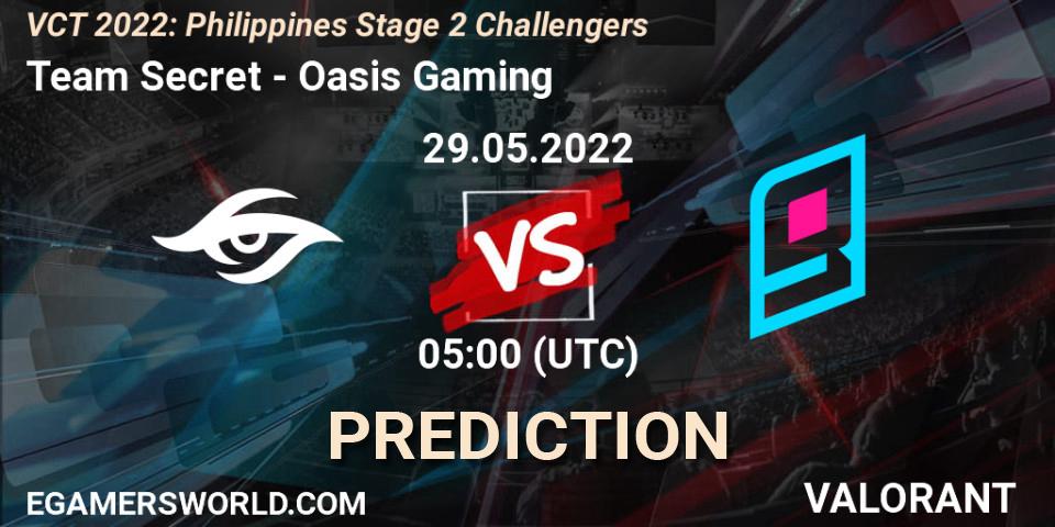 Prognose für das Spiel Team Secret VS Oasis Gaming. 29.05.2022 at 05:00. VALORANT - VCT 2022: Philippines Stage 2 Challengers