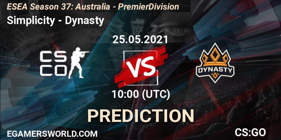 Prognose für das Spiel Simplicity VS Dynasty. 25.05.2021 at 10:00. Counter-Strike (CS2) - ESEA Season 37: Australia - Premier Division