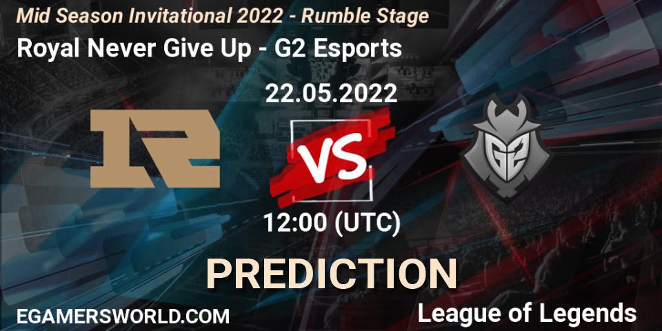 Prognose für das Spiel Royal Never Give Up VS G2 Esports. 22.05.2022 at 12:00. LoL - Mid Season Invitational 2022 - Rumble Stage