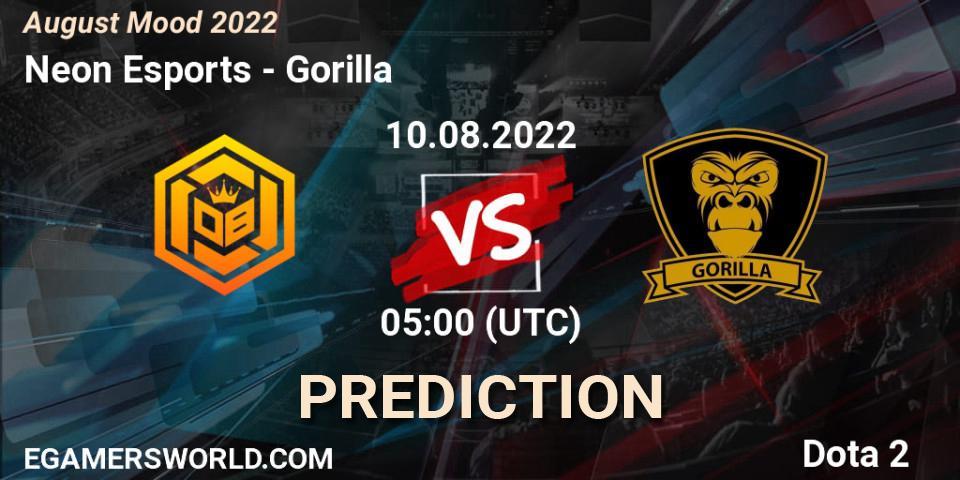 Prognose für das Spiel Neon Esports VS Gorilla. 10.08.2022 at 05:09. Dota 2 - August Mood 2022