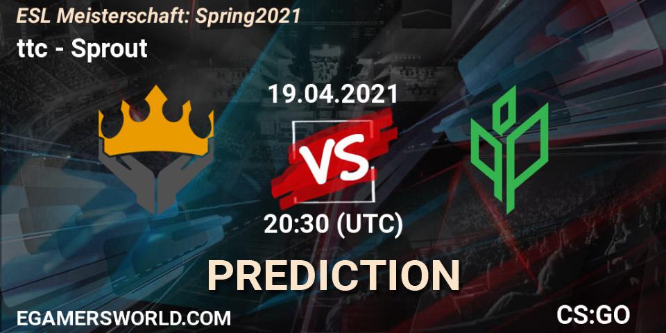 Prognose für das Spiel ttc VS Sprout. 19.04.2021 at 20:30. Counter-Strike (CS2) - ESL Meisterschaft: Spring 2021