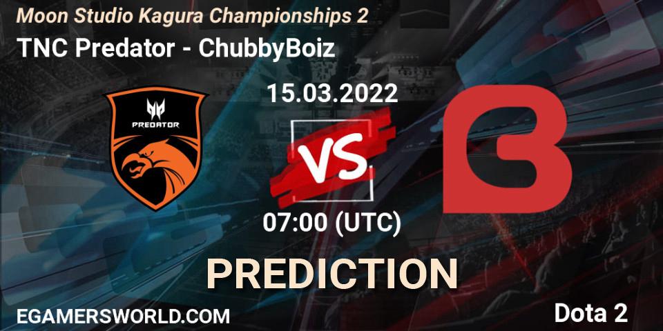 Prognose für das Spiel TNC Predator VS ChubbyBoiz. 15.03.2022 at 06:07. Dota 2 - Moon Studio Kagura Championships 2