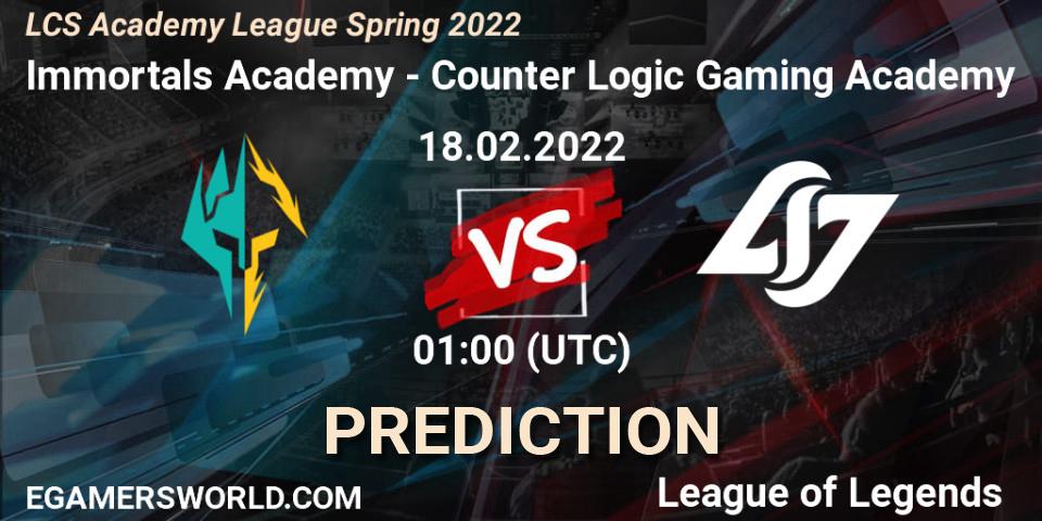 Prognose für das Spiel Immortals Academy VS Counter Logic Gaming Academy. 18.02.2022 at 00:50. LoL - LCS Academy League Spring 2022