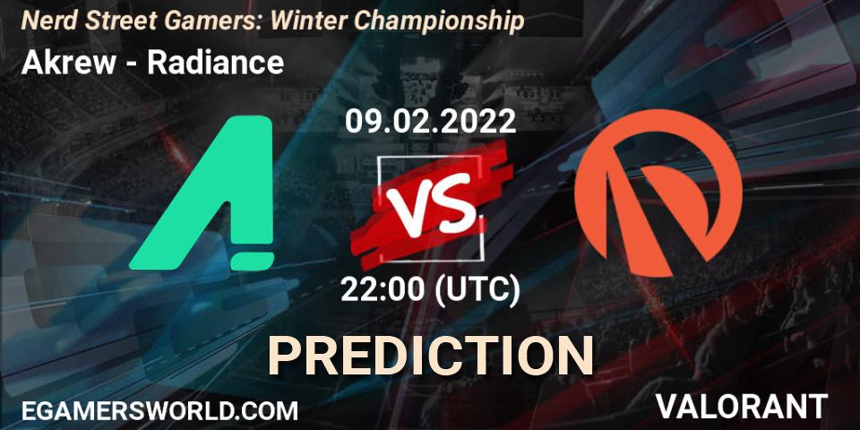 Prognose für das Spiel Akrew VS Radiance. 09.02.2022 at 22:00. VALORANT - Nerd Street Gamers: Winter Championship