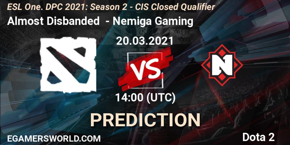 Prognose für das Spiel Almost Disbanded VS Nemiga Gaming. 20.03.2021 at 14:14. Dota 2 - ESL One. DPC 2021: Season 2 - CIS Closed Qualifier