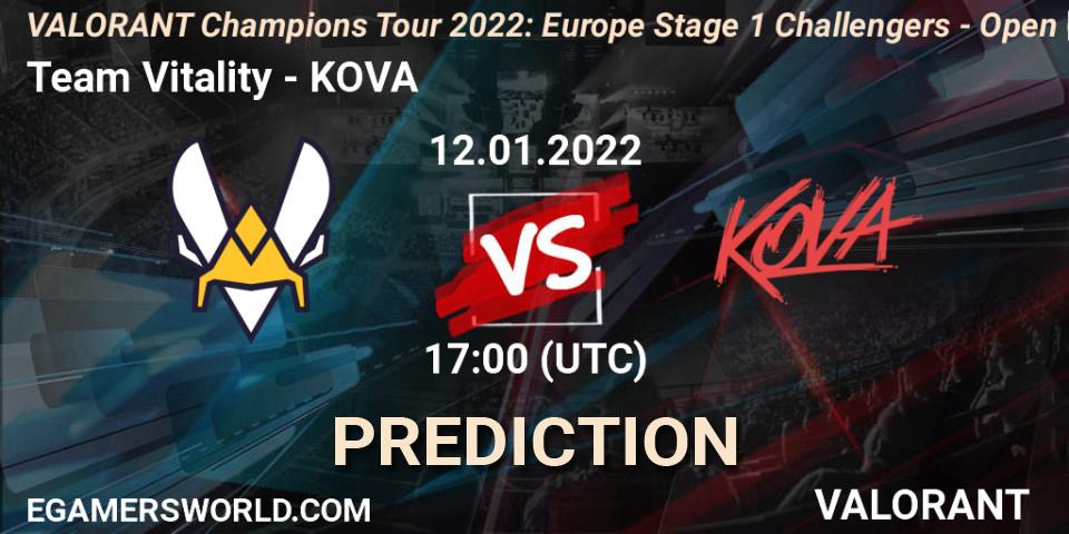 Prognose für das Spiel Team Vitality VS KOVA. 12.01.2022 at 18:00. VALORANT - VCT 2022: Europe Stage 1 Challengers - Open Qualifier 1