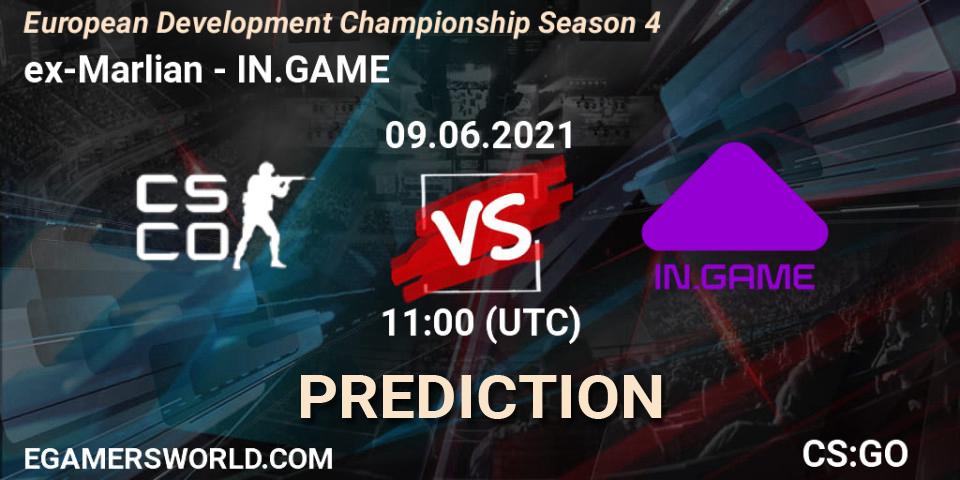 Prognose für das Spiel ex-Marlian VS IN.GAME. 09.06.2021 at 11:10. Counter-Strike (CS2) - European Development Championship Season 4